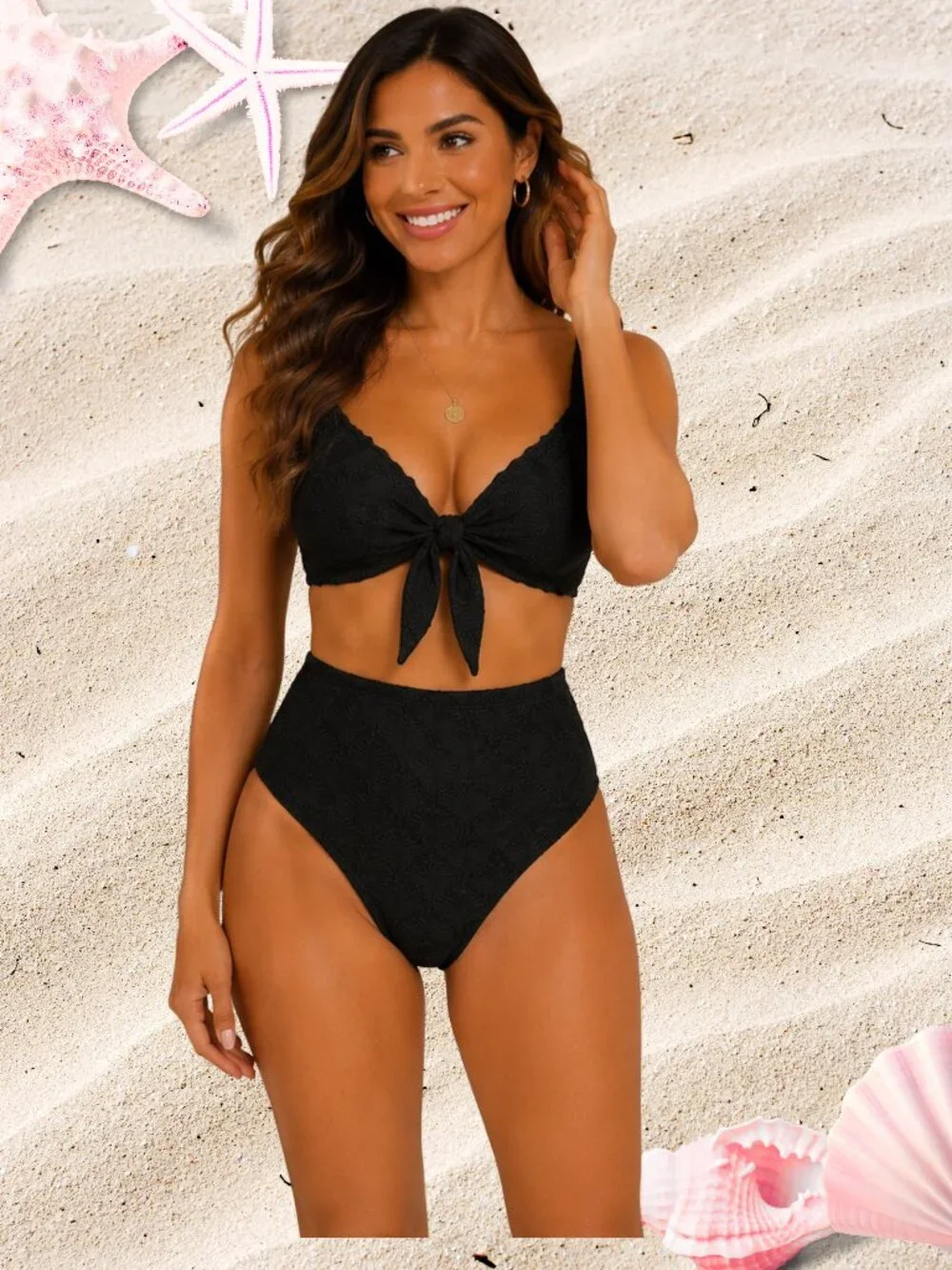 Black Textured Tie-Front Bikini Set - Size L (NWOT)